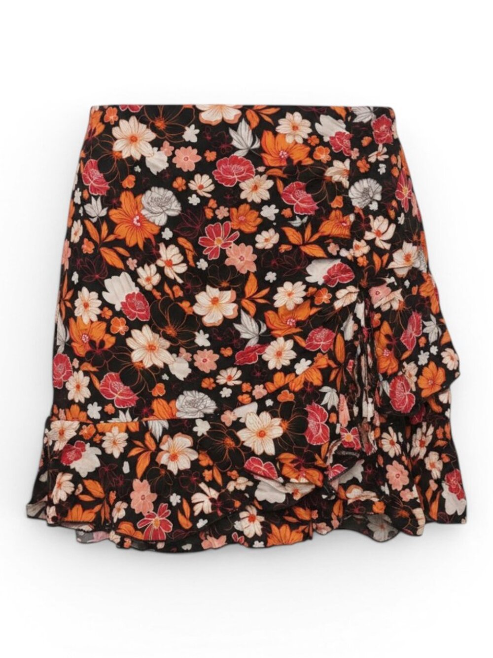Cupshe Black Floral Ruffle Mini Skirt with Orange & Pink Blooms